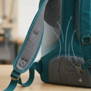 A close-up illustration highlighting the breathable mesh padding and ergonomic shoulder straps of a teal backpack.