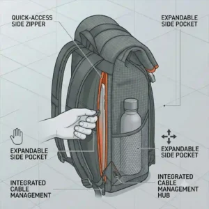 An illustration pointing out the hidden side zipper and water bottle pocket on a sleek roll backpack.