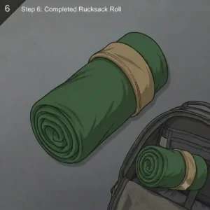 A completed, tight, and space-saving rucksack roll ready for military or outdoor travel packing.