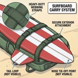 An illustration of a surfboard securely fastened to the external utility straps of a surf backpack.