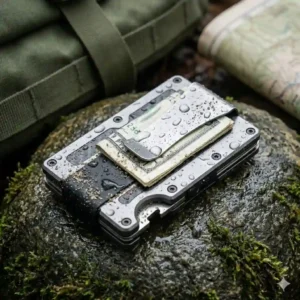 A tactical wallet resting on a mossy rock during a hiking trip, demonstrating its durable, water-resistant design.