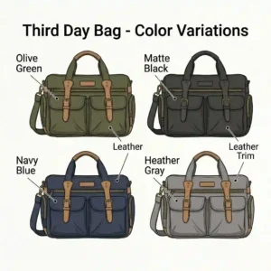 A clean illustrative lineup showcasing four available third day bag color variations including olive green, matte black, navy blue, and heather gray.