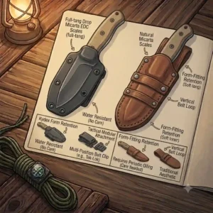 Graphic drawing contrasting a modern Kydex sheath and a traditional leather sheath designed for edc fixed blade knives.