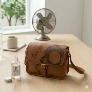 Dark water rings and permanent water stains left on a brown leather wet purse after improper drying.