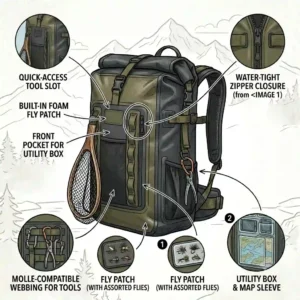 An illustration showing a front pocket on a waterproof fishing backpack designed for quick access to utility fly patches and tools.