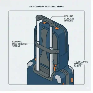 An illustration of the best edc backpack secured to a rolling suitcase handle using an integrated luggage pass-through trolley strap.