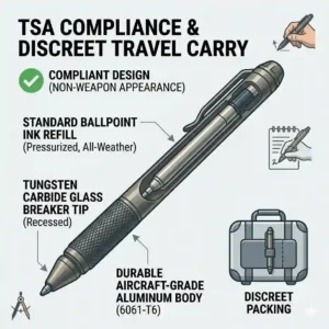 A stylized graphic showing how to pack the best tactical pen inside a carry-on bag for TSA travel compliance.