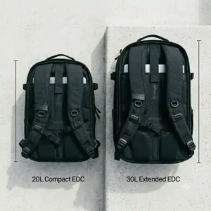 A side-by-side size comparison of a 20-liter and a 30-liter edc carry backpack to show storage capacity.