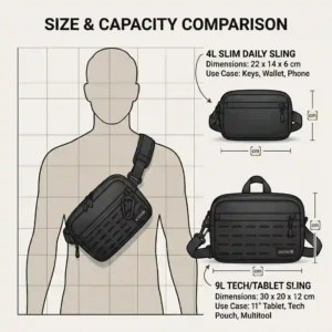 A size comparison graphic showing different liter capacities for a compact versus a large edc sling bag.
