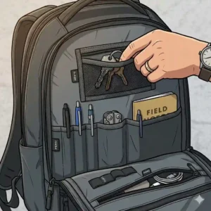 Detailed view of the front organization panel of an everyday carry backpack with slots for keys and pens.
