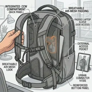 A low-profile, civilian-style ccw backpack sitting next to a desk in a modern office setting.