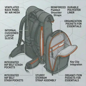 A stylized outdoor illustration of a roll backpack resting against a tent during a camping trip.