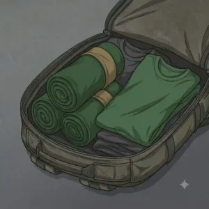 An illustration comparing the space saved between a standard folded shirt and a compact rucksack roll inside a suitcase.