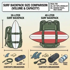 A size comparison illustration showing 30-liter and 40-liter surf backpack options side by side for travel planning.
