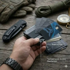 A user pressing the quick-release lever on a tactical wallet to fan out credit cards for rapid access.