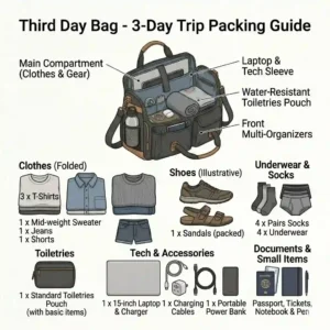 A flat lay packing guide illustration showing exactly what clothes and tech gear can fit inside the third day bag for a 3-day weekend trip.