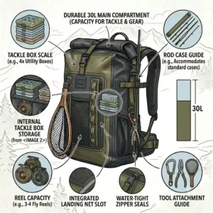 A size comparison illustration showing a 30-liter waterproof fishing backpack next to common fishing gear items for scale.