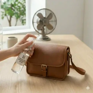 A hand spraying a protective water-repellent coating onto a handbag to prevent a wet purse scenario.