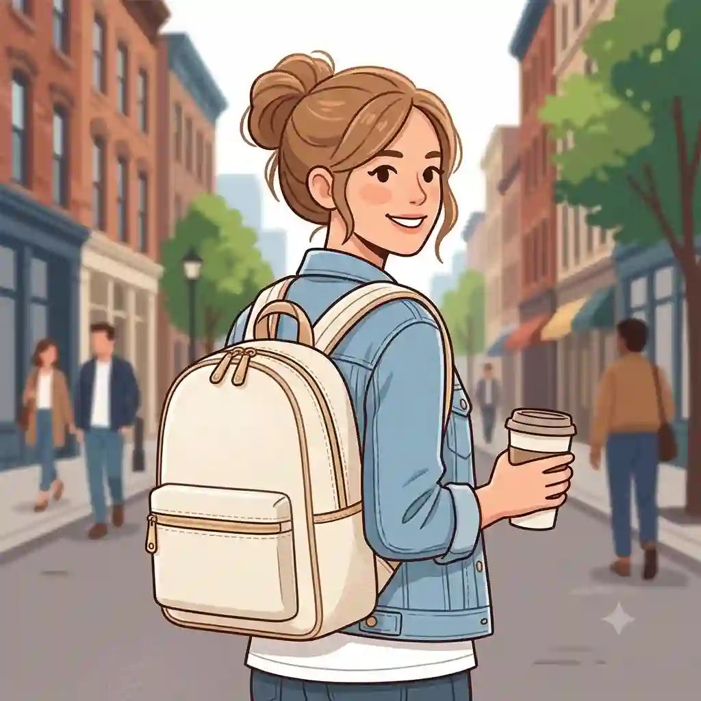 A woman wearing a stylish cream backpack made of vegan leather while walking down a city street.