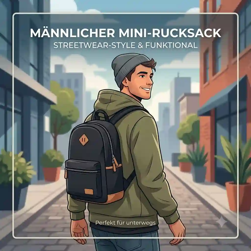 A man walking down a city street wearing a sleek black male mini backpack over a casual streetwear outfit.