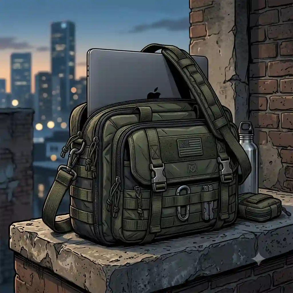 A rugged, water-resistant tactical laptop bag sitting on a concrete ledge in an urban environment with survival gear nearby.