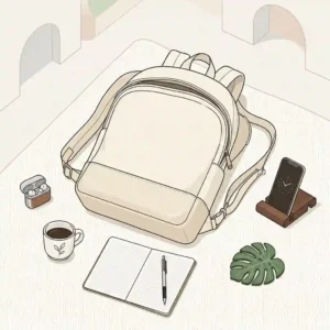 Minimalist flat lay illustration of an aesthetic cream backpack surrounded by a laptop, notebook, and coffee cup.