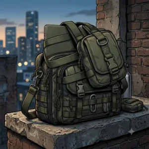 Close-up of the MOLLE webbing system on a tactical laptop bag with a utility pouch being attached.