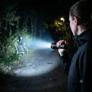 Illustration demonstrating how the blinding strobe mode of a self defence torch can temporarily disorient an attacker in the dark.