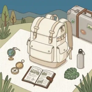Vector illustration of a durable cream backpack packed for a weekend trip next to a passport and sunglasses.