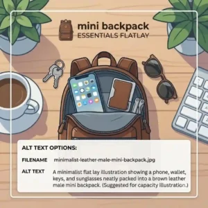 An overhead flatlay illustration showing the everyday essentials that fit inside a male mini backpack, including a phone, wallet, keys, and sunglasses.