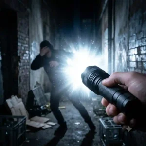 Graphic rendering of a multi-functional self defence torch showing active electric arcs from an integrated stun gun feature.