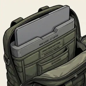 Cross-section illustration showing the thick foam padding and soft lining inside the laptop compartment of a tactical laptop bag.