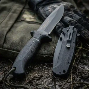 Side-by-side comparison of a full-tang fixed blade knife and a folding combat armed force tactical knife.