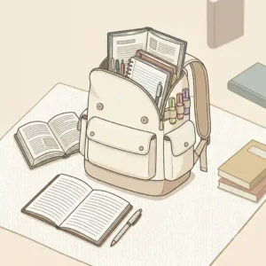 Digital illustration of a classic canvas cream backpack filled with school books and highlighters.