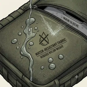 Water droplets shedding off the heavy-duty Cordura fabric of a black tactical laptop bag.