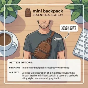 A styling guide illustration demonstrating how to wear a male mini backpack across the chest as a sling bag.