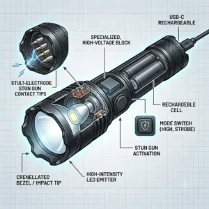 Illustration of a compact, pocket-sized self defence torch being carried in a jacket pocket for daily security.