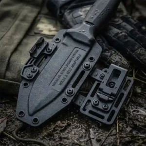 MOLLE-compatible Kydex sheath holding an armed force tactical knife mounted on a vest.