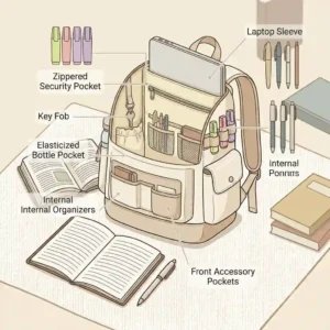 Detailed diagram illustration showing the inside pockets, laptop sleeve, and storage compartments of a cream backpack.