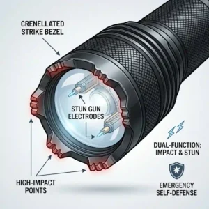 Close-up technical illustration of the sharp, crenellated strike bezel on a tactical self defence torch designed for emergency window breaking.
