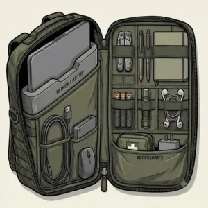 Top-down view of an open tactical laptop bag showing organized compartments filled with a laptop, tablet, pens, and everyday carry gear.
