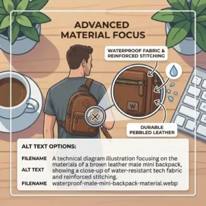 A close-up illustration highlighting the water-resistant tech fabric and heavy-duty zippers of a modern male mini backpack.