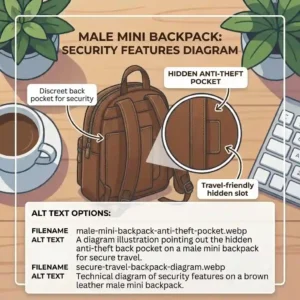 A diagram illustration pointing out the hidden anti-theft back pocket on a male mini backpack for secure travel.