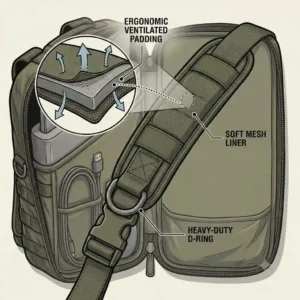 Detail view of the adjustable, heavily padded mesh shoulder straps on a military-style tactical laptop bag.