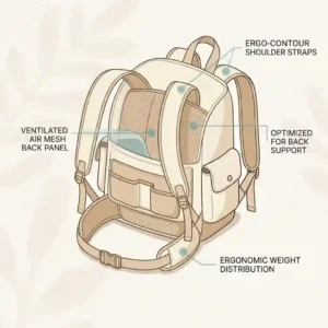 Illustration highlighting the padded shoulder straps and ergonomic back support design of a cream backpack.