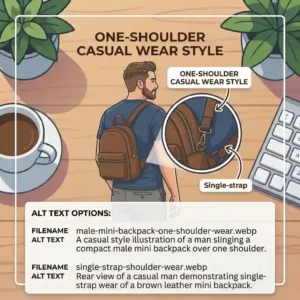 A casual style illustration of a man slinging a compact male mini backpack over one shoulder.