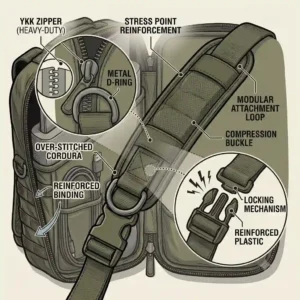 Close-up of rugged YKK zippers and metal D-rings on a heavy-duty tactical laptop bag.