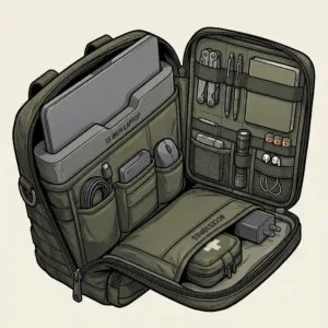 Illustration showing the three carrying options of a convertible tactical laptop bag: backpack, briefcase handle, and shoulder strap.