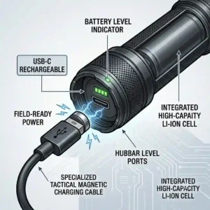 Technical diagram emphasizing the multi-layered waterproof seals and shockproof casing of a self defence torch.