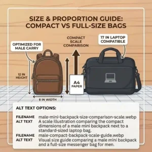A scale illustration comparing the compact dimensions of a male mini backpack next to a standard-sized laptop bag.